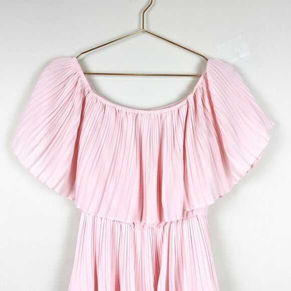 B Darlin Light Blush Pink Tiered Pleated Chiffon Off the Shoulder Dress - Picture 2 of 8